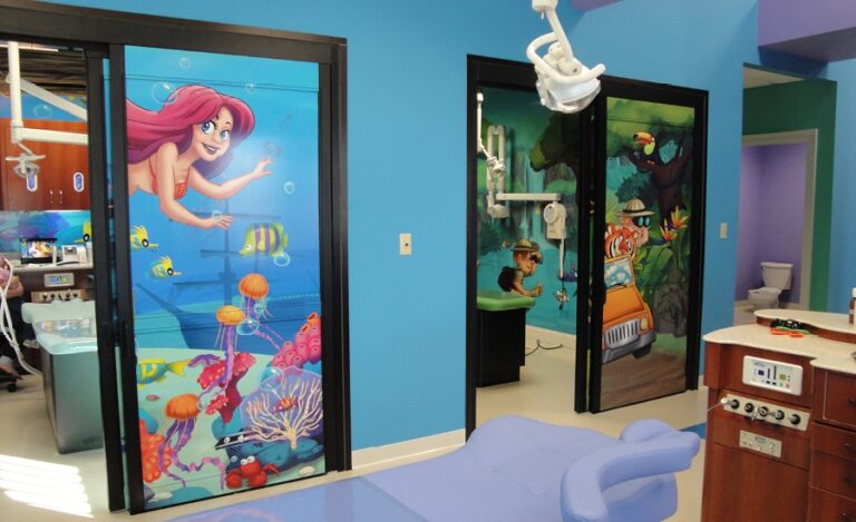 Custom kid-friendly underwater and jungle themed door murals.