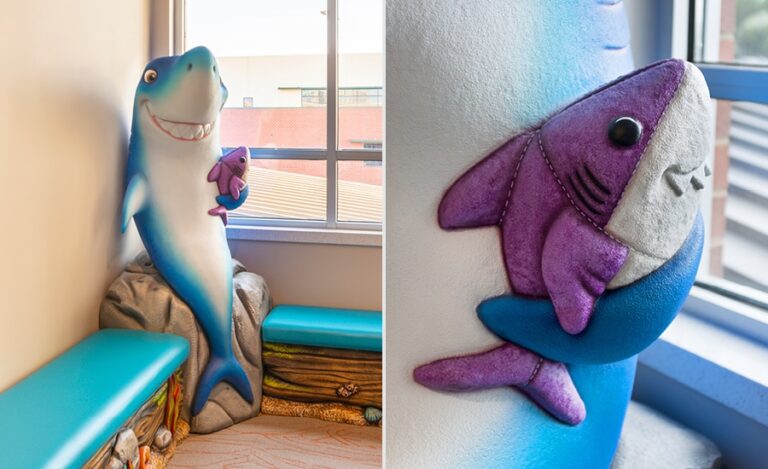 sculpted 3D shark holding a sculpted shark plush in a medical office waiting room on a custom bench seat