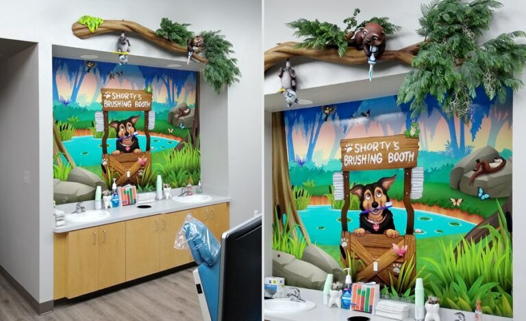 A colorful wetland mural featuring the dentist's dog with a sculpted branch hung overhead adorns a dental office brushing station