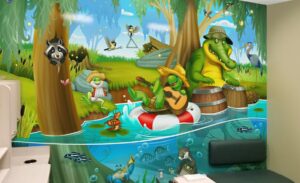 Bayou themed mural with swamp animals playing musical instruments