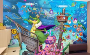 Custom 2D mural of a mardi gras parade in an underwater setting