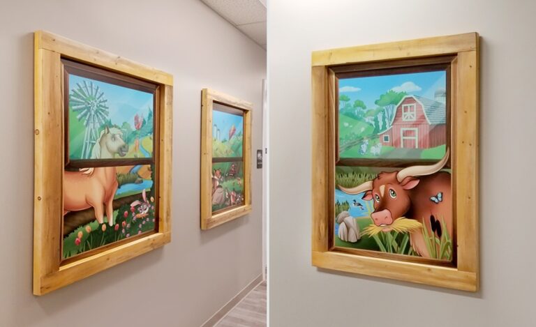 Custom made faux window decorations in a medical clinic hallway including vinyl murals