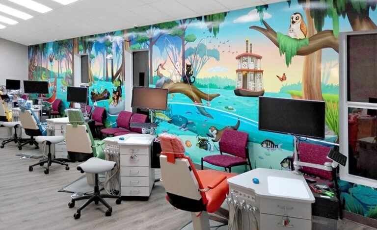 Dental treatment open bay featuring a full wall mural of a swampland sunset scene
