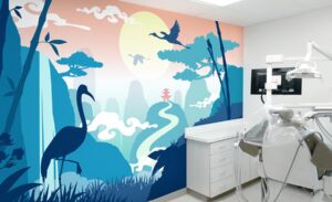 Dental treatment room with eastern themed silhouette mural in kids dental office