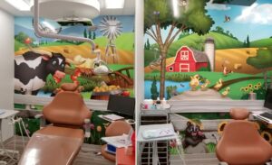 Different farmland illustrated murals with cute animals for dental treatment rooms