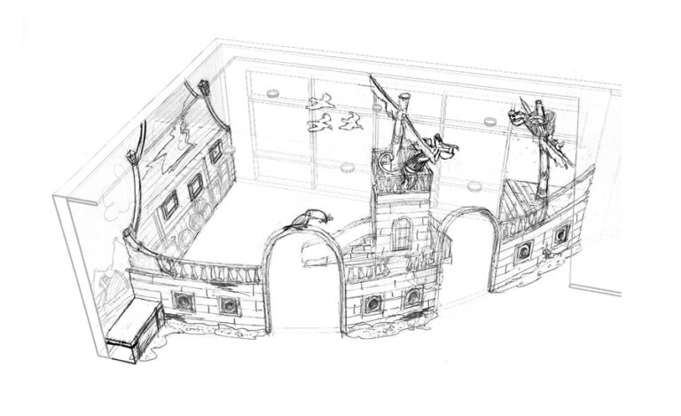 Project sketches of a pirate ship themed kids play area.