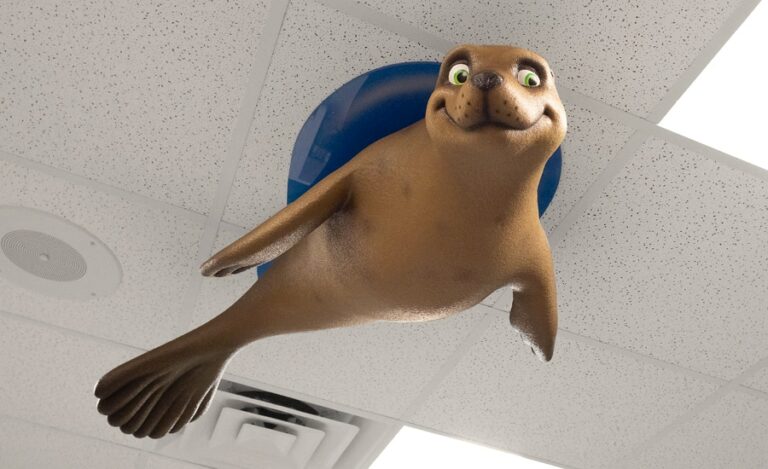 3D sculpted brown seal hanging from the cieling.