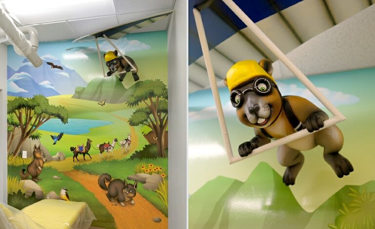 Operatory adorned with a cute hang gliding mara, mural of South American scenery and animals