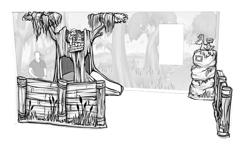 Project sketches of bayou themed medical clinic play area.