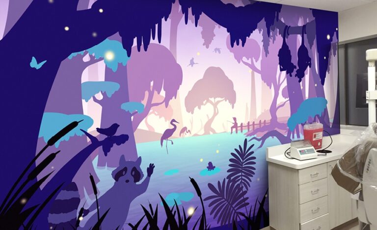 Purple bayou themed silhouette mural in kid friendly dental exam room