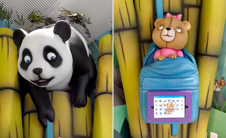 Sculpted bamboo game tablet tower with panda and client's custom teddy bear mascot