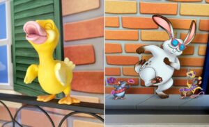 side by side of sculpted duck and wall mural with dancing animals in a themed office