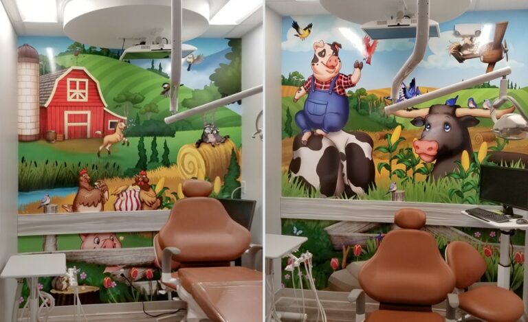 Side by side of two farm murals in a dental treatment room