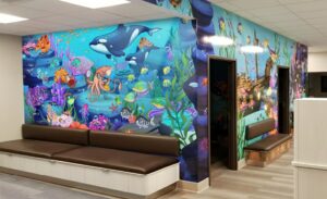 Sunken ship mural featuring underwater animals in an orthodontist waiting room