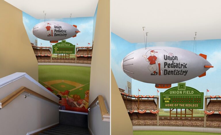 baseball mural and blimp sculpture in stairwell of pediatric dentist office