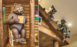 bear character reading a book on cabin porch and playful raccoons on cabin roof