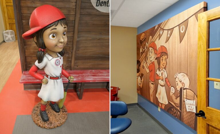 close up of girl baseball character and baseball illustration in treatment room