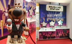 closeup of beaver mascot with microphone and Hollywood brushing station