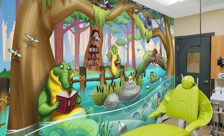 Custom river mural for kids in dental treatment room