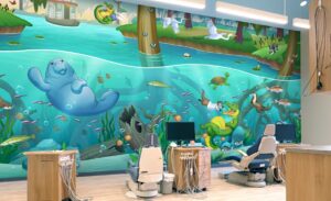 custom river mural in pediatric dental treatment room