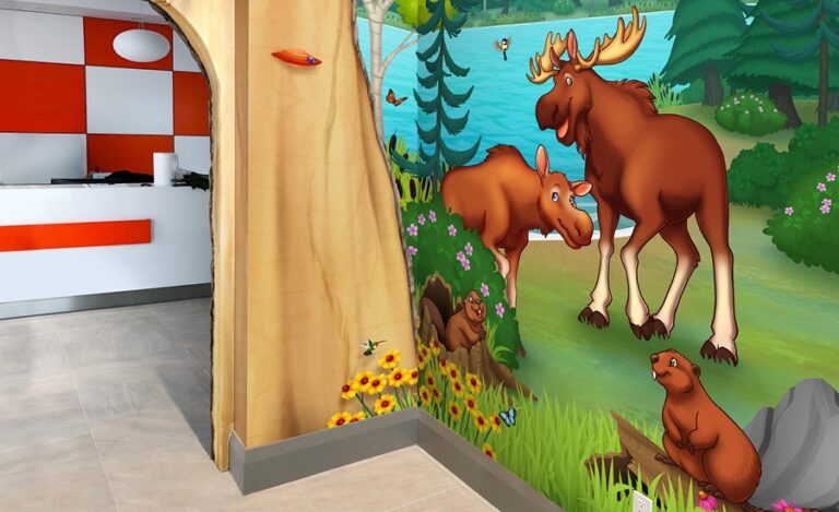 custom woodland mural with moose characters in play area in dental office