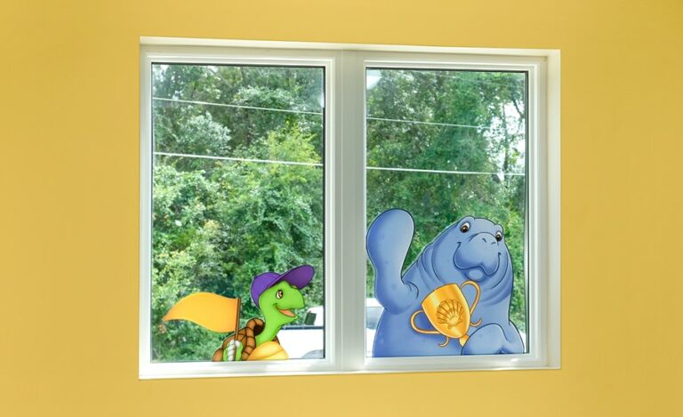 cute animal character window decal in treatment room