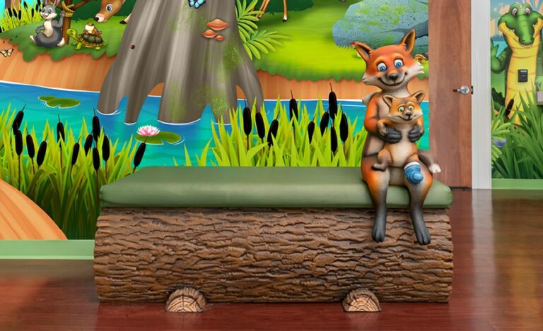 Cute foxes on a sculpted log bench in a medical waiting room