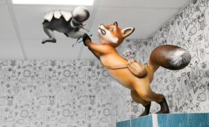 cute kids sculpture of fox and raccoon escaping through the ceiling