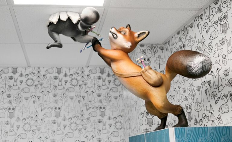 cute kids sculpture of fox and raccoon escaping through the ceiling