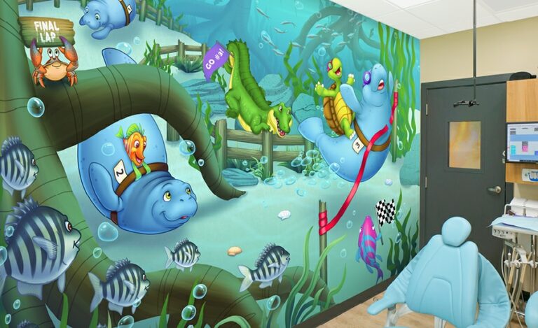 dental treatment room with custom mural for kids