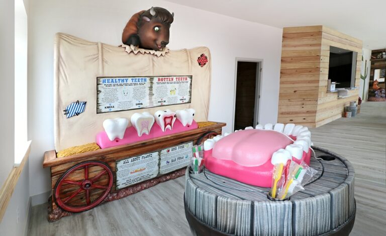 education area with custom buffalo sculpture, wagon, and teeth sculpture in dentist office
