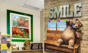faux window mural of moose characters and friendly bear on bench brushing teeth