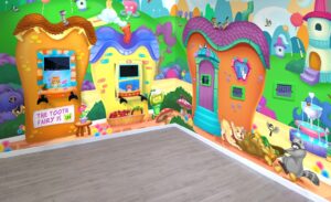 Gaming area for kids with custom toon town murals