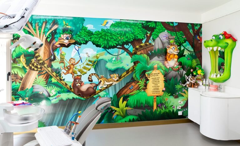 jungle themed treatment room with brushing station in kids dental office