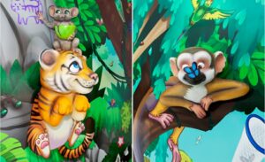 jungle wall murals and animal sculptures in pediatric dentist office