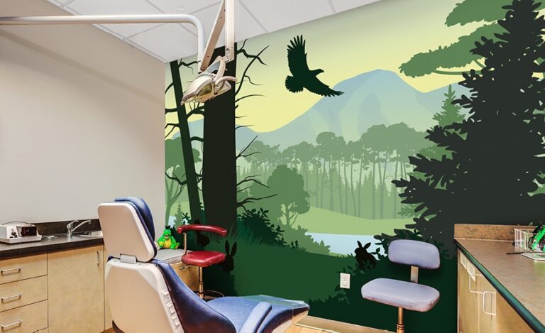 Kid-friendly treatment room with silhouette murals at pediatric dental office