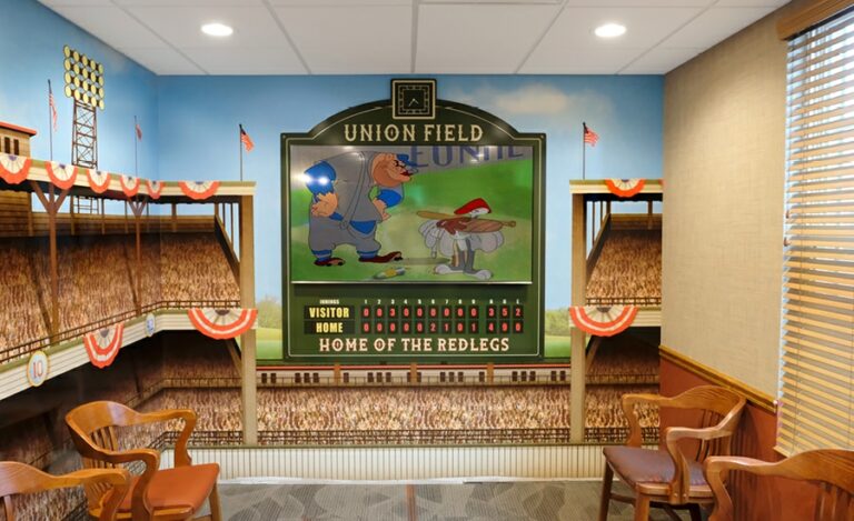 mural of baseball stadium in kids dentist office