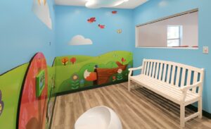 park themed décor in kids waiting area
