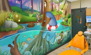 pediatric dental treatment room with custom river themed mural