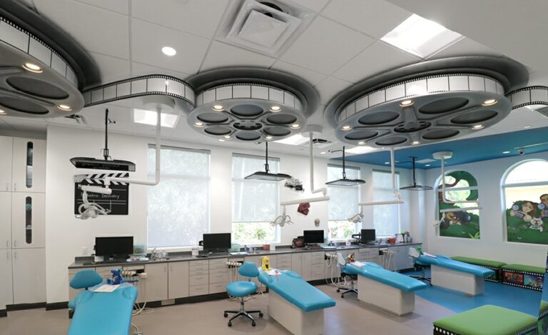 pediatric dentistry open bay with film reel ceiling sculptures