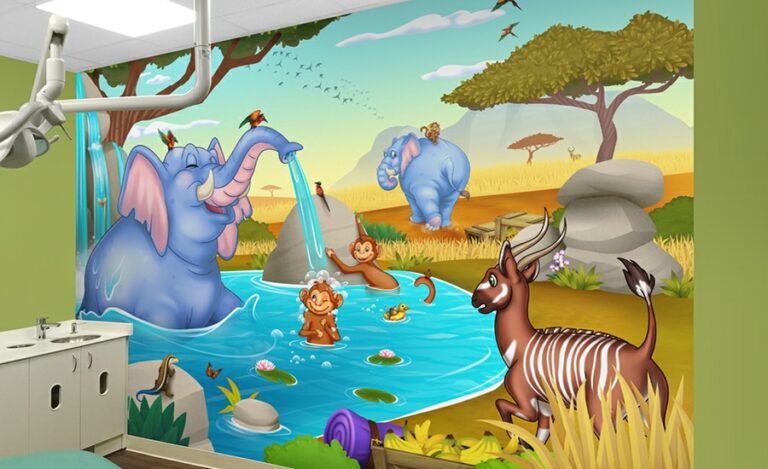 pediatric wall murals of safari elephant and monkey in kids dental office