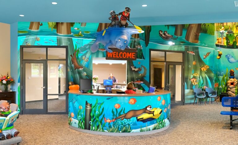 river reception area design for kid friendly dental office