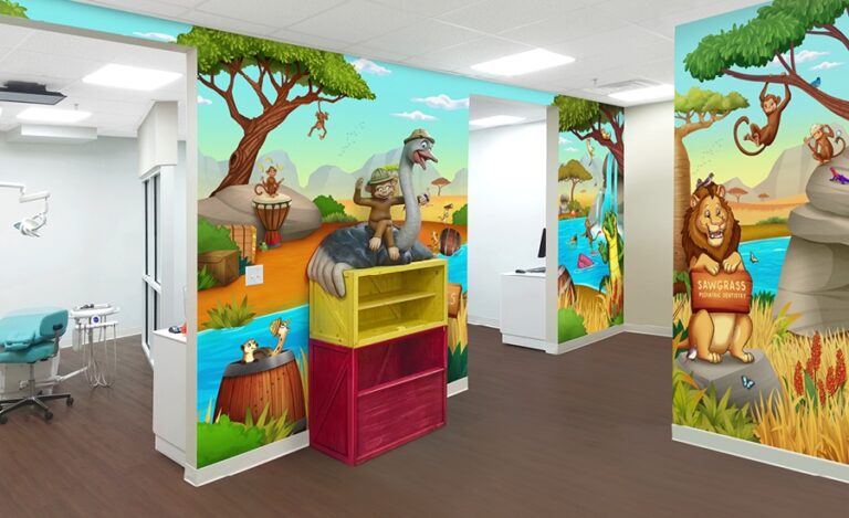 safari murals and custom prize cabinet with monkey and ostrich characters for kids