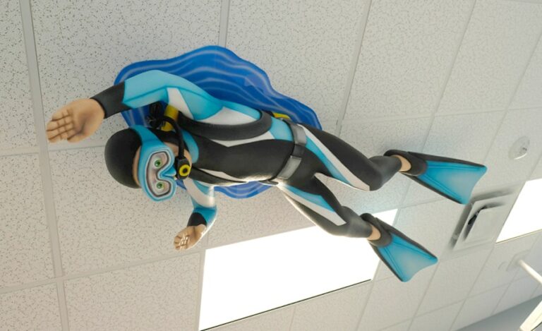 scuba character sculpture on ceiling of pediatric medical clinic