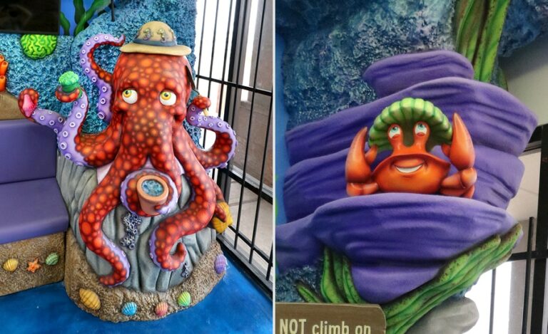 Side by side of a cute gardening octopus and a happy crab character in a ocean themed office