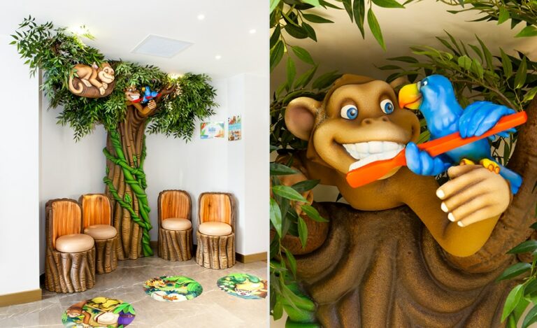 tree sculpture with monkey characters and matching chairs