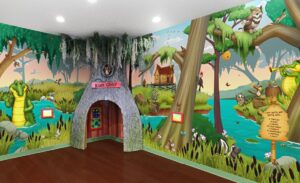 Tree shaped kids play corner with kee bee game panels surrounded by custom river themed murals