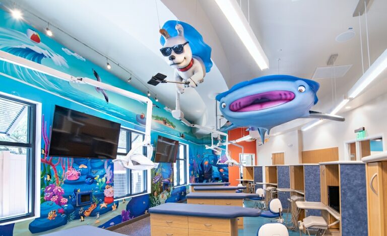 underwater murals and dog and whale shark sculptures in open treatment bay