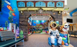 underwater themed play area pediatric office design with deep-sea diver photo op