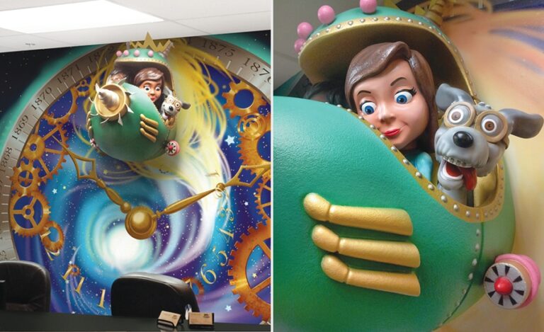 2d to 3d mural and sculpture of dog and human caricatures in time travel machine